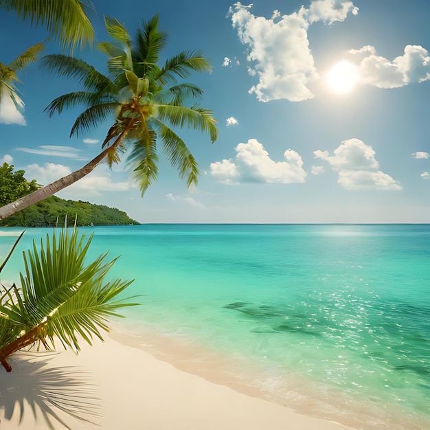 uma palmeira em uma praia com o sol brilhando através das nuvens