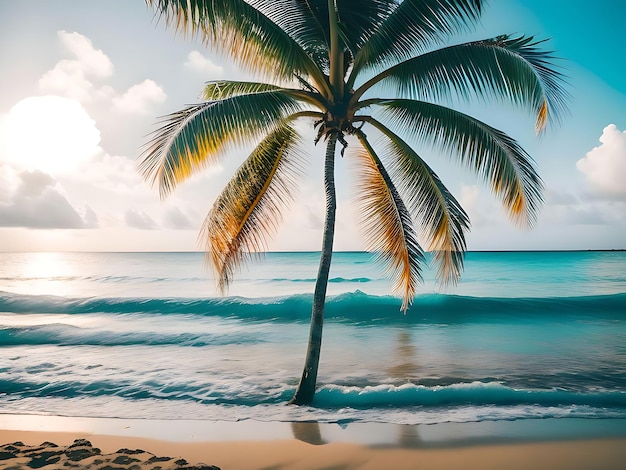 Uma palmeira em uma praia com o sol se pondo atrás dela