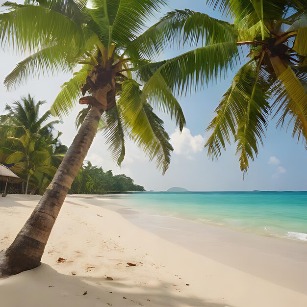 uma palmeira em uma praia com uma cabana à esquerda