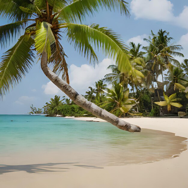 uma palmeira em uma praia com uma cabana de praia no fundo