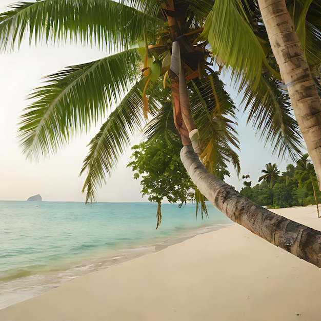 uma palmeira em uma praia com uma vista do oceano e uma montanha no fundo