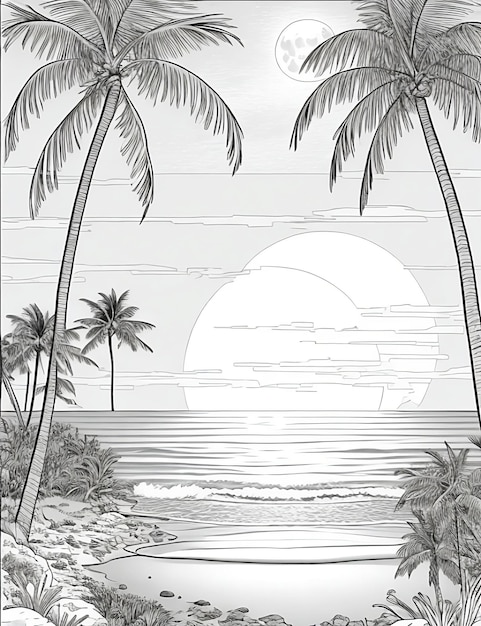 Uma palmeira está em primeiro plano de uma cena de praia.