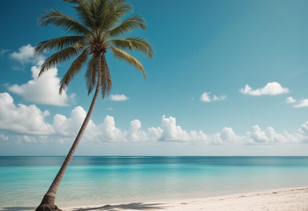 Foto uma palmeira está na praia e o oceano é azul