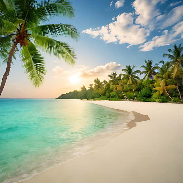 uma palmeira está na praia em frente a um pôr-do-sol