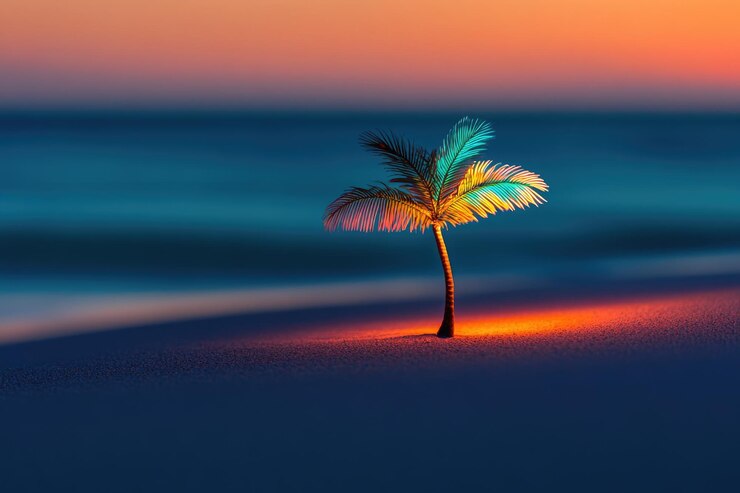 Foto uma palmeira solitária em uma praia de areia ao pôr-do-sol brilhando com cores vibrantes