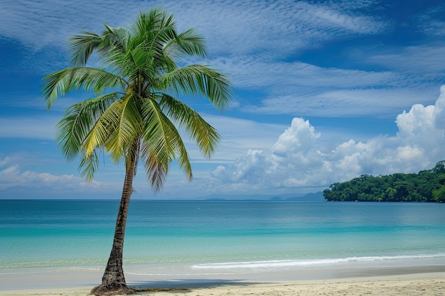 Uma palmeira solitária numa praia tropical prístina