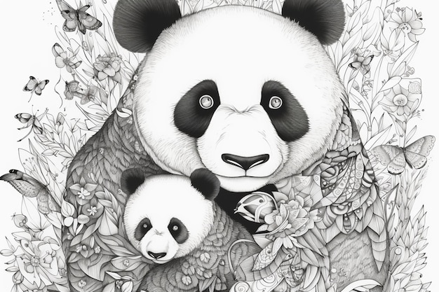 Uma panda e seu bebê estão entre as flores.