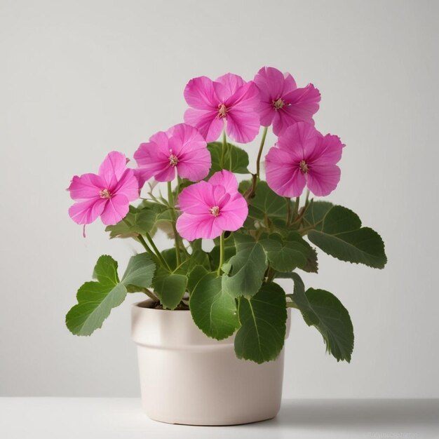 uma panela branca com flores cor-de-rosa e folhas verdes