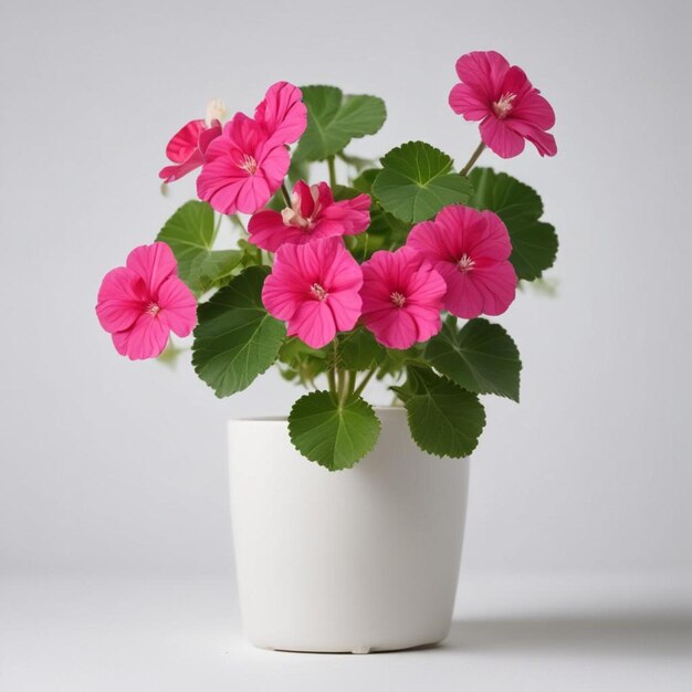 uma panela branca com flores cor-de-rosa e folhas verdes