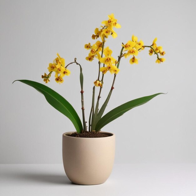 uma panela com flores amarelas e folhas verdes em uma mesa branca