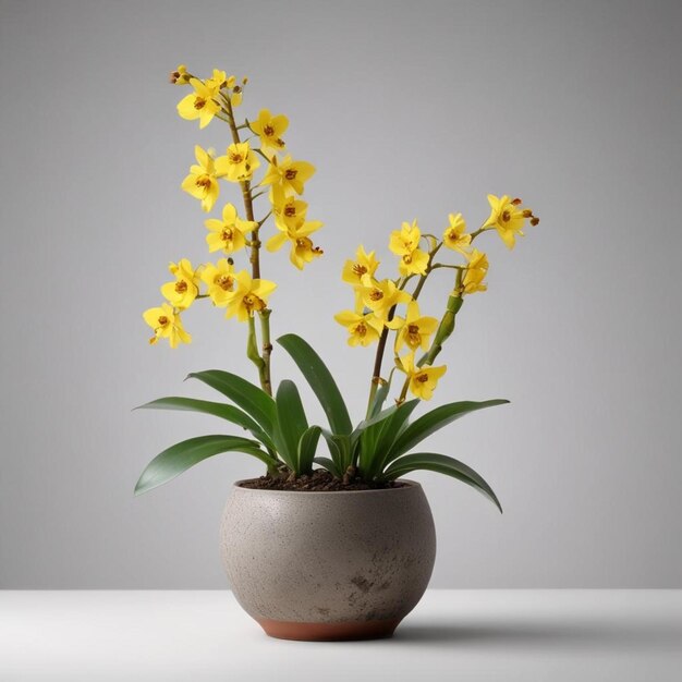 uma panela com flores amarelas e folhas verdes