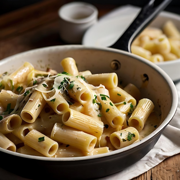 uma panela com rigatoni carbonara que é salteada gerada por IA