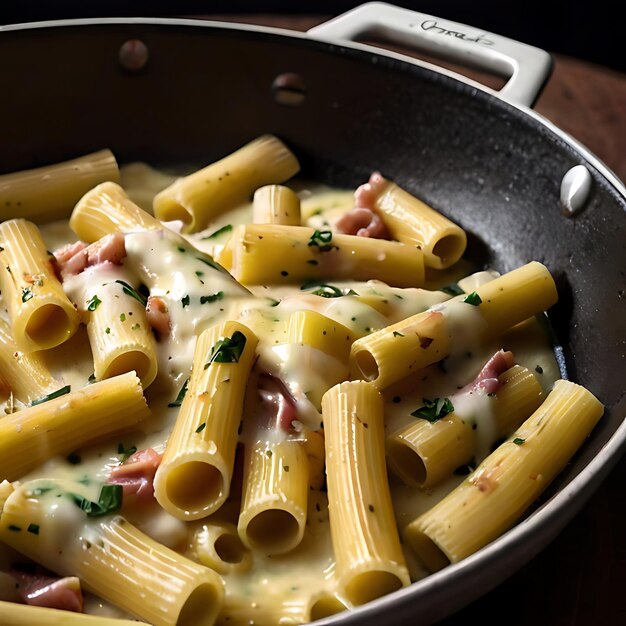 Foto uma panela com rigatoni carbonara que é salteada gerada por ia