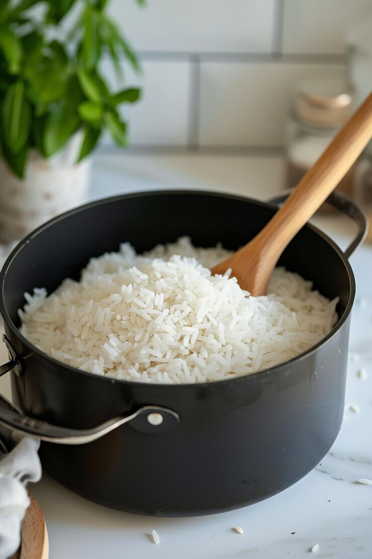 Foto uma panela de arroz e uma colher de madeira está sentada em uma mesa
