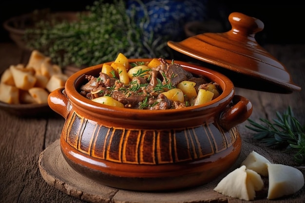 Foto uma panela de barro contendo carne e batatas fritas tradições culinárias da europa