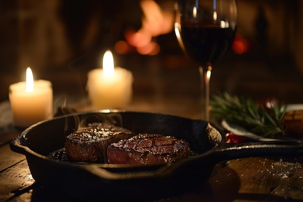 Foto uma panela de bife e um copo de vinho estão em uma mesa