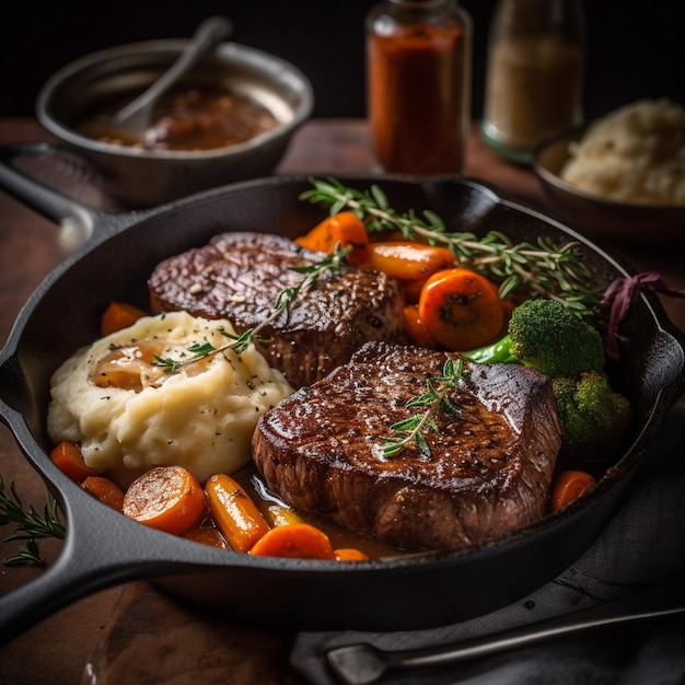 Uma panela de bife, legumes e purê de batatas com uma colher ao lado.