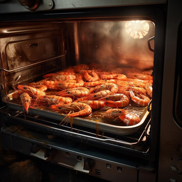 Uma panela de camarões a cozinhar num forno com a palavra " deli " no lado.