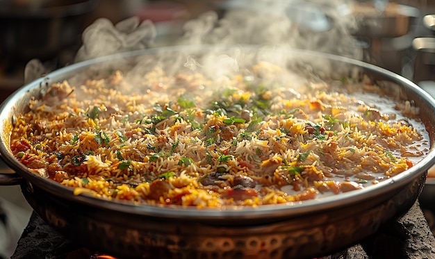 Foto uma panela de comida com arroz e legumes cozinhando sobre ela