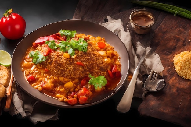 uma panela de comida com arroz e legumes em um fundo escuro.