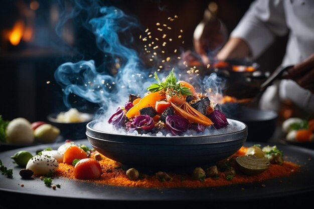 Foto uma panela de comida com uma pessoa cozinhando nela