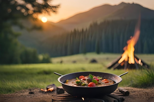 Uma panela de comida está a arder nas montanhas.