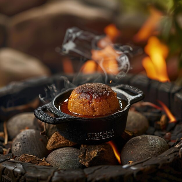 Foto uma panela de comida está cozinhando em um fogo