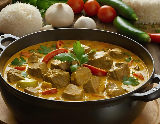 Uma panela de curry de coco cremoso cheio de pedaços macios de carne e legumes