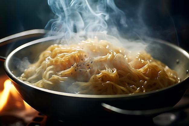 Uma panela de macarrão com vapor a sair.