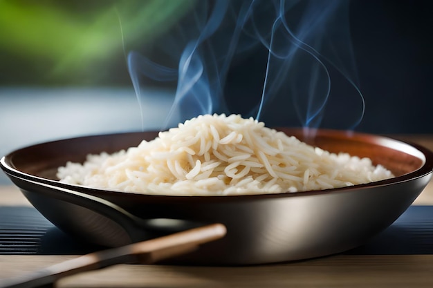 Uma panela de macarrão cozido com fumaça a subir do topo.