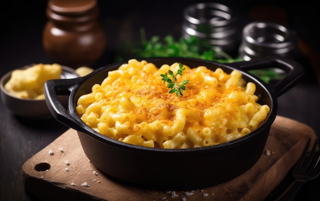 Uma panela de macarrão e queijo com salsa ao lado.