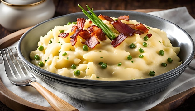 uma panela de macarrão e queijo com uma tigela de macaroni e bacon