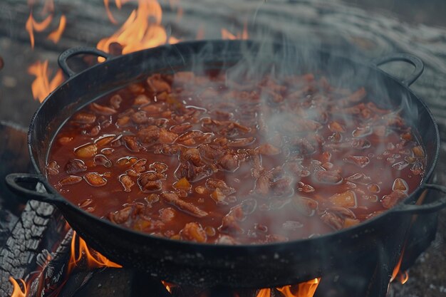 Uma panela de menudo a ferver a cozinhar sobre um fogo aberto