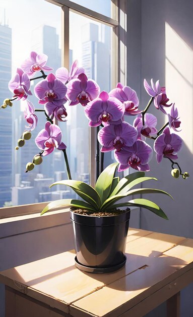 Foto uma panela de orquídeas está em uma mesa ao lado de uma janela