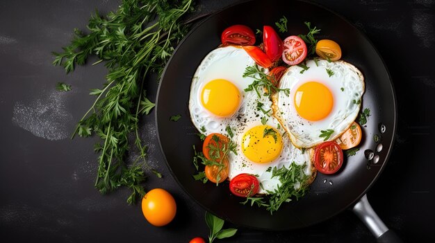 uma panela de ovos tomates e tomates em um fundo preto