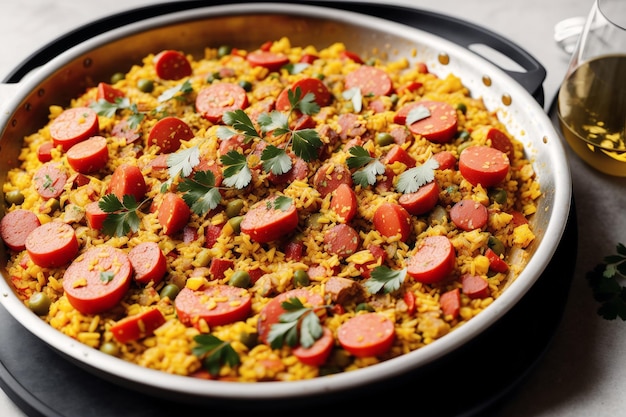 Uma panela de paella com salsichas e arroz