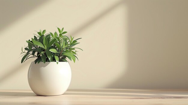 uma panela de planta branca sentada em uma mesa de madeira branca