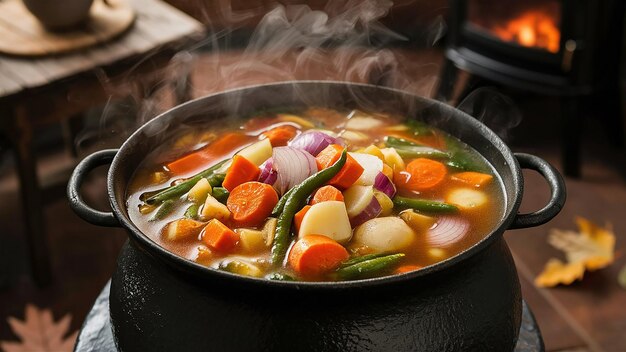 uma panela de sopa com vegetais e cenouras