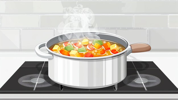Foto uma panela de sopa está fervendo no fogão a sopa é feita com uma variedade de legumes, incluindo cenouras, azeitona e tomates