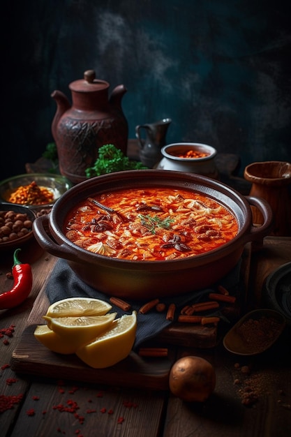 Uma panela de sopa vermelha com feijão e feijão em um fundo escuro.