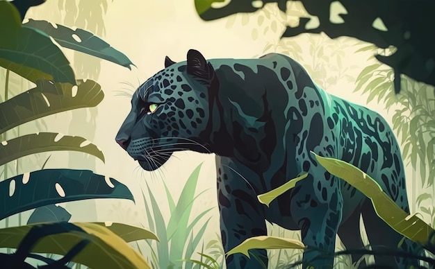 Uma pantera na selva com folhas verdes ilustrações em aquarela estilo cartoon ai gerado