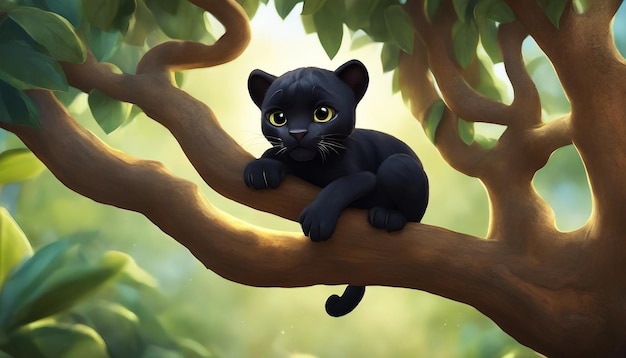 Uma pantera preta de desenho animado sentada em um galho de árvore