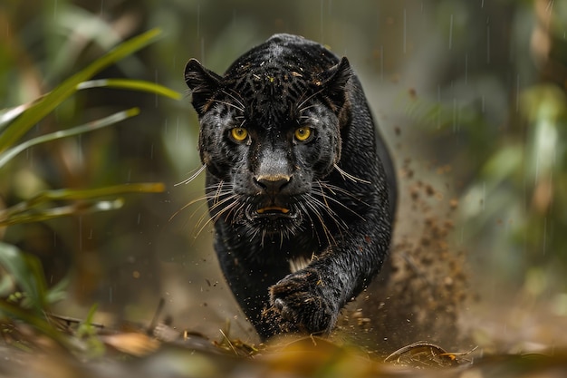 Uma pantera preta em movimento com um fundo desfocado destacando sua graça e poder