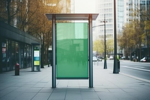 Foto uma parada de ônibus com uma tela verde em uma rua da cidade