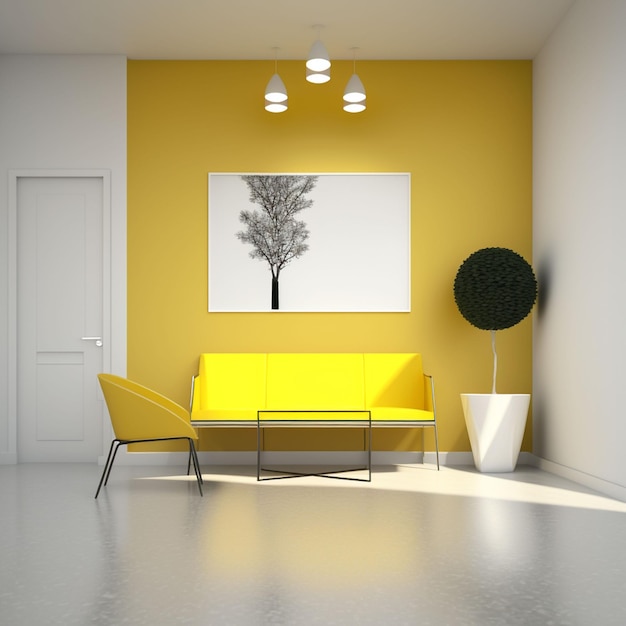 Uma parede amarela com a foto de uma árvore