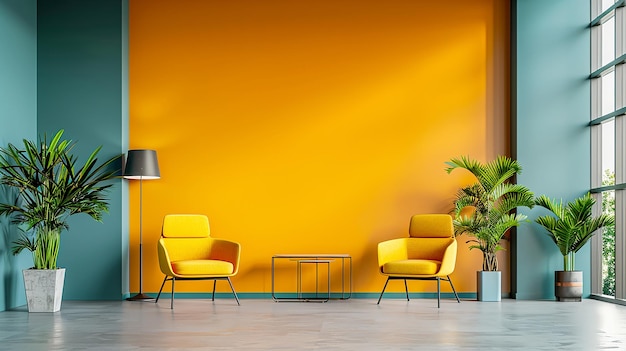 Foto uma parede amarela com cadeiras e uma lâmpada na frente dela