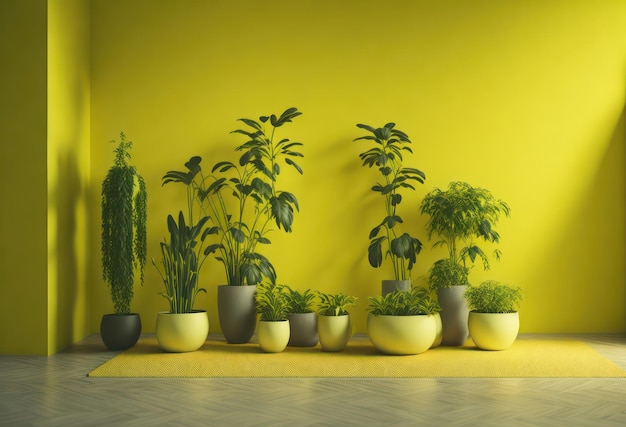 Uma parede amarela com plantas em vasos e uma delas com fundo amarelo.