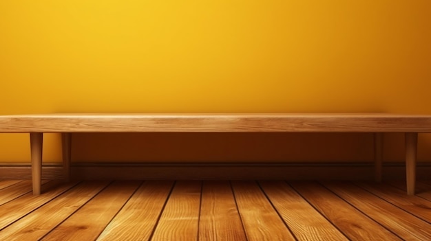 Uma parede amarela com uma prateleira de madeira no canto