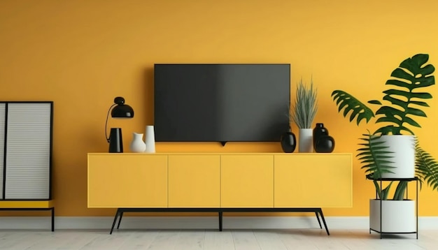 Uma parede amarela com uma tv e uma planta ao lado.