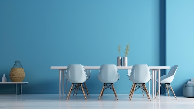 Uma parede azul com uma mesa branca e quatro cadeiras na frente dela.